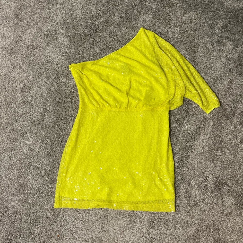 Neon Yellow Sequin Mini Dress One shoulder
